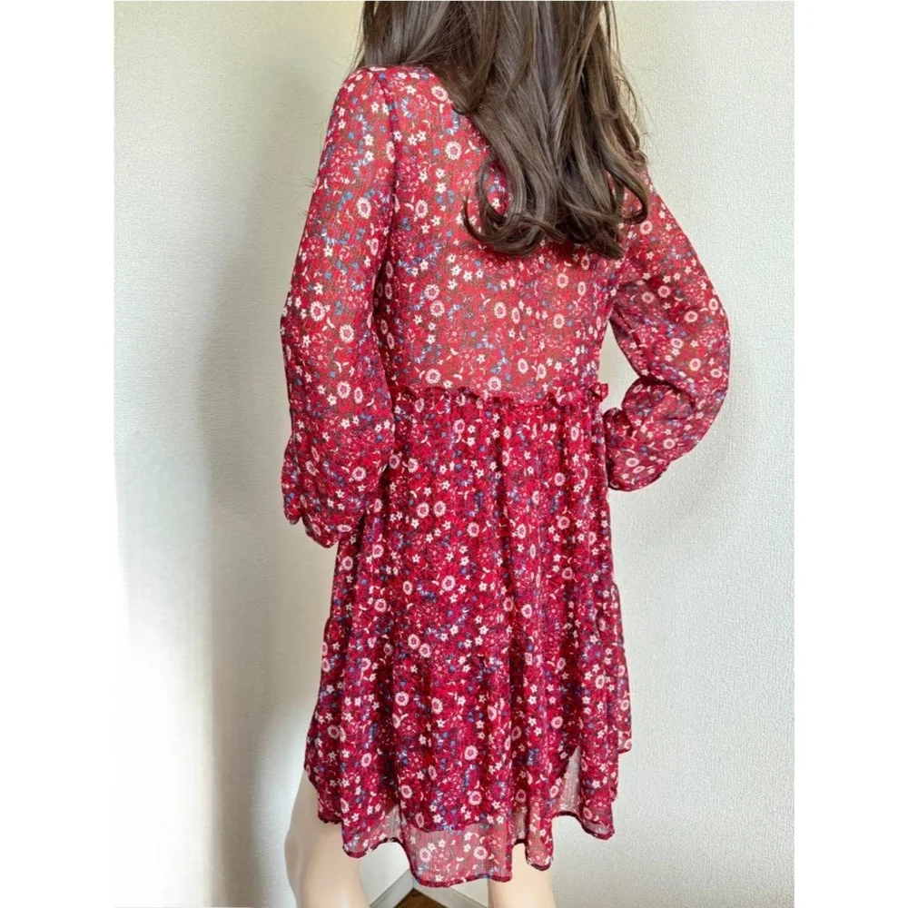 Zara Red Floral V-Neck Long Sleeve Semi Sheer Tiered Mini Babydoll Dress XL - Picture 3 of 16